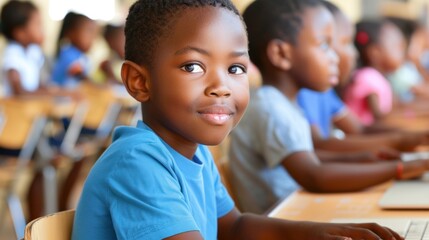 A classroom full of students sitting at desks and one student, an African boy, looking at the camera and smiling.