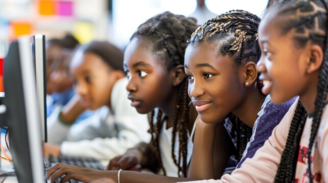 A group of young African American girls smile while looking at a computer screen at school.