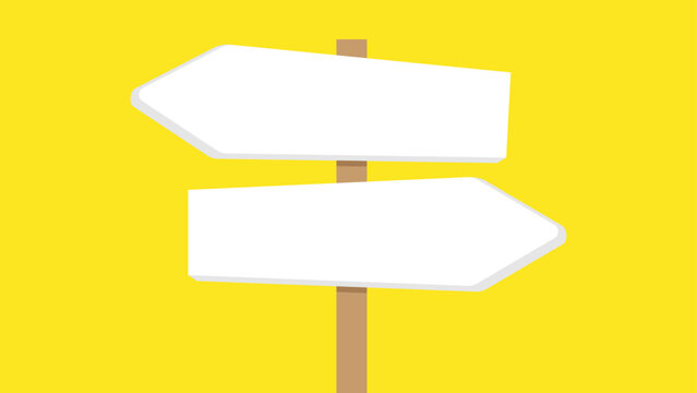 Illustration of a double directional sign post with two blank arrow signs pointing in opposite directions, set against a yellow background.