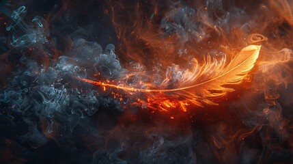 A single fiery orange feather burning at its tip enveloped by swirling smoke