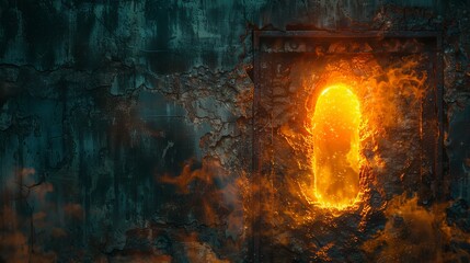 Fiery keyhole in an ancient stone wall amidst mystical fog and embers