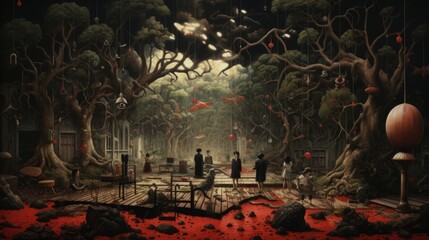 A fantastical scene with large trees, floating lanterns, and lava streams, invoking a sense of mystery and wonder