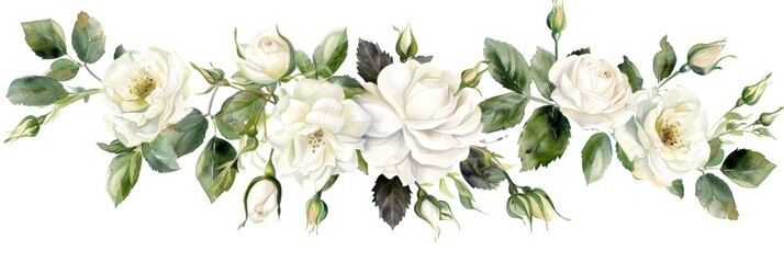Watercolor Frame with White Roses and Leaves Generative AI
