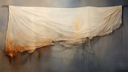 Close-up of a frayed textile with a single loose thread against a soft background - obrazy, fototapety, plakaty
