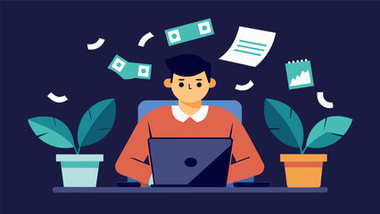 A freelancer typing on a computer surrounded by bills illustrating the struggle of managing irregular income without proper financial planning.