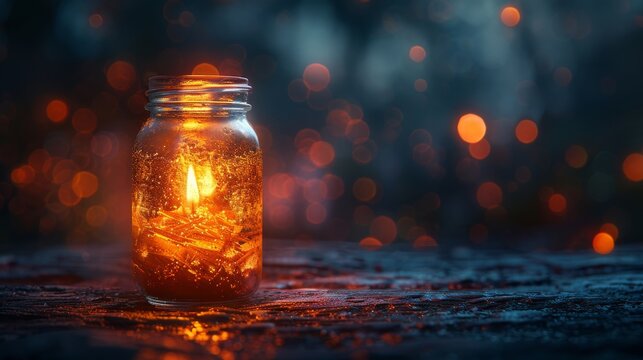 Magical night scene: glowing ember in a glass jar amidst a mystical forest