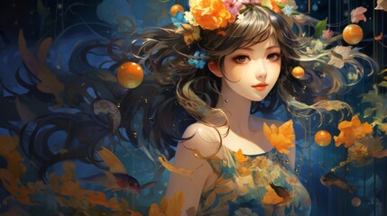 A captivating image of a woman adorned with a floral headdress and surrounded by orange elements and fish