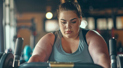 Fototapeta na wymiar Overweight Woman Exercising At The Gym, Working Towards A Healthier Lifestyle Through Fitness And Weight Loss