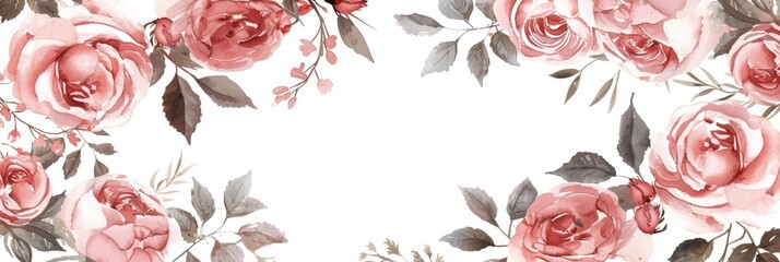 Watercolor Floral Invitation with Pink Roses and Leaves Generative AI