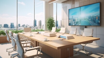 Open and airy boardroom features a large table, chairs, screens and a stunning backdrop of the urban skyline