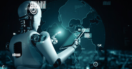 MLP 3d illustration Future financial technology controll by AI robot huminoid uses machine learning and artificial intelligence to analyze business data and give advice on investment and trading