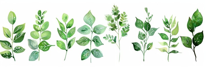 Watercolor Foliage Plants on White Background Generative AI