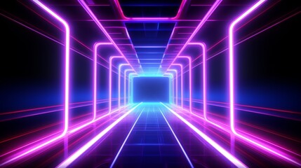 This image presents a 3D corridor illuminated with blue and pink neon lights, suggesting digital and futuristic themes