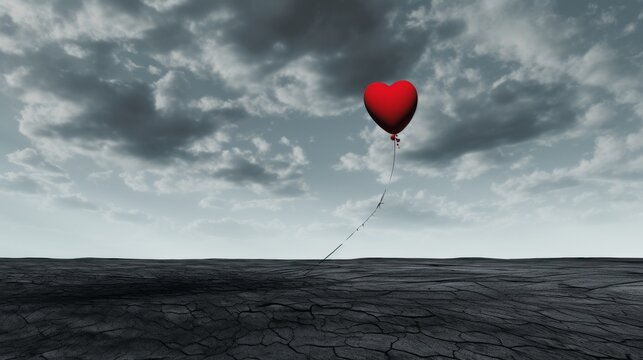 A single red balloon floating over a dark sea under a cloudy sky, symbolizing hope and isolation