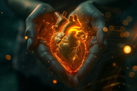 Closeup of hands holding a realistic human heart with veins and glowing red filaments against a medical background with cinematic lighting in dark blue and black colors