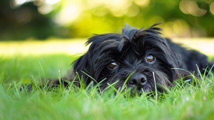 An endearing image of an adorable black dog lounging on lush green grass with a soulful expression in its eyes