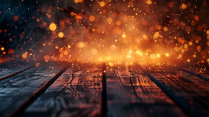 An empty wooden surface stands before an intense, blazing fire with sparks flying, suggesting a sense of anticipation copy space for text