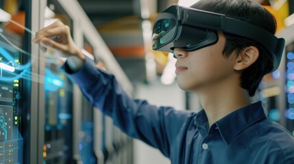 The guy wears a VR headset and touches the screen. In the background is a server room with several servers.