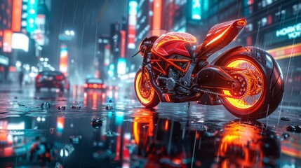 Futuristic motorcycle with glowing wheels reflected in a wet urban street