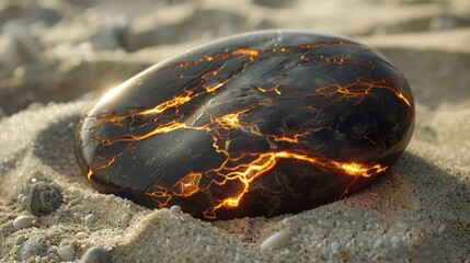 Unique river stone with fiery veins glowing on sandy beach