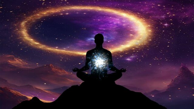 Man silhouette in an yoga meditation pose  highlighting the Hindu Chakras against energy background