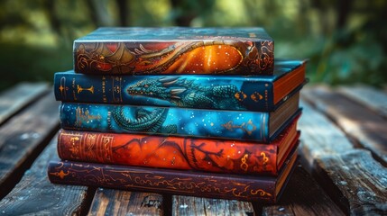 Colorful stack of classic children's books on a wooden table, close-up view of artful covers