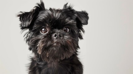 A polished portrait of a black Brussels Griffon with a white backdrop, focusing on its expressive eyes and glossy fur