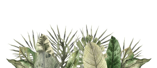 Monstera, calathea, dieffenbachia, palm, banana leaves. Watercolor tropical composition in...