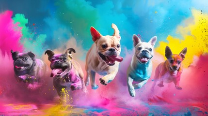 French bulldogs appear to fly joyously through a magical explosion of colors, portraying delight...