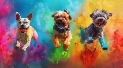 Three diverse dog breeds exhibit joy while bounding through a splash of spectacular colors, showcasing pure happiness