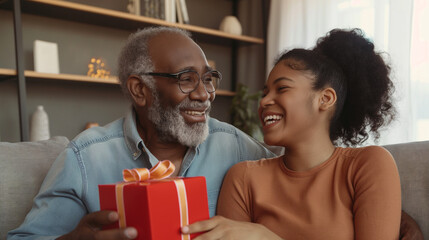 Black adult daughter gives her senior father a gift for father's day. They smile and hug. They're sitting on the sofa at home. Concept of adult child-parent relationship, caring for single parents.