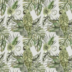 A parrot sits on the tropical leaves of a monstera, palm tree. Watercolor monochrome pattern in a visual floral and plant trend on a gray background. Pattern for textiles, cards, weddings, holidays.