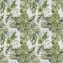 Gardinen Dschungel A parrot sits on the tropical leaves of a monstera, palm tree. Watercolor monochrome pattern in a visual floral and plant trend on a gray background. Pattern for textiles, cards, weddings, holidays.  © ValentinaSova