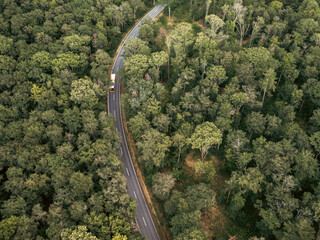 Aerial view of a passenger bus driving on the country road through the forest