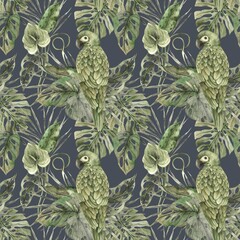 Obraz premium Green parrot, tropical monstera and palm leaves. Watercolor monochrome pattern in a visual floral and plant trend on a dark gray background. Pattern for textiles, cards, weddings, holidays, packaging.