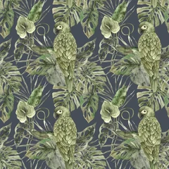 Gardinen Dschungel Green parrot, tropical monstera and palm leaves. Watercolor monochrome pattern in a visual floral and plant trend on a dark gray background. Pattern for textiles, cards, weddings, holidays, packaging.  © ValentinaSova