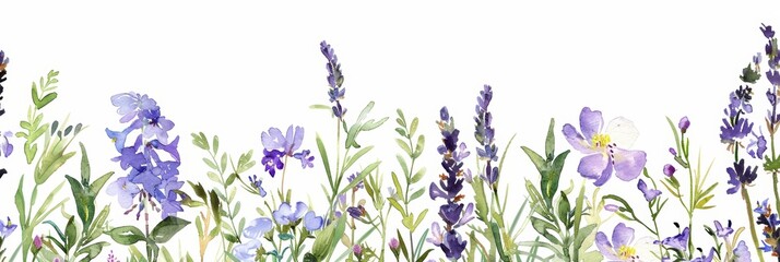 Watercolor Floral Frame with Lavender and Bluebells Generative AI