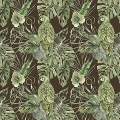 Green parrot, tropical monstera and palm leaves. Watercolor monochrome pattern in a visual floral and plant trend on a brown background. Pattern for textiles, cards, weddings, holidays, packaging.