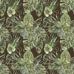 Gardinen Dschungel Green parrot, tropical monstera and palm leaves. Watercolor monochrome pattern in a visual floral and plant trend on a brown background. Pattern for textiles, cards, weddings, holidays, packaging.  © ValentinaSova