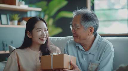 Asian adult daughter gives her senior father a gift for father's day. They smile and hug. They're sitting on the sofa at home. Concept of adult child-parent relationship, caring for single parents.