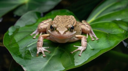 Obraz premium Detailed frontal view of a brown frog with pinkish undertones sitting on a bright green leaf