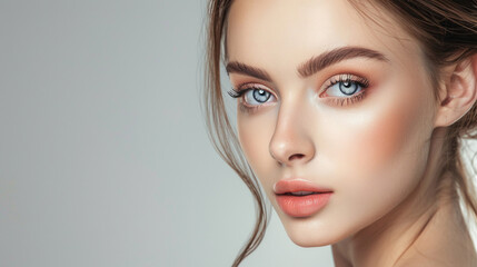Fototapeta premium Beautiful woman face close up. Perfect skin. Professional make up. AI.