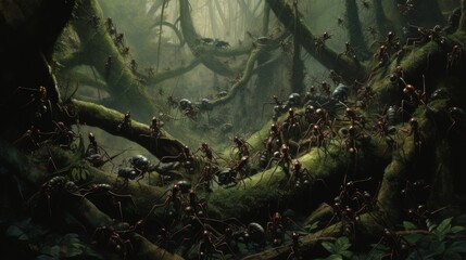 Dramatic scene of army ants in a dense, foggy forest, showcasing nature's complexity