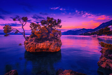 spectacular summer seascape, Brela resort, Makarska riviera, Dalmatia, Croatia, Europe, amazing sunset view - obrazy, fototapety, plakaty