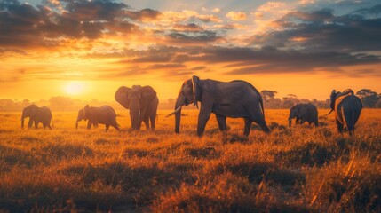 A beautiful sunrise casts a warm glow over a herd of elephants gracefully navigating through the golden savannah grass