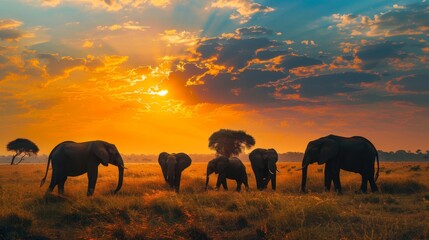 As the sky breaks into vibrant colors, a group of elephants takes a leisurely walk across the African plain