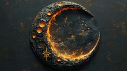 Artistic fiery and textured circular sticker on dark background, embodying abstract volcanic imagery