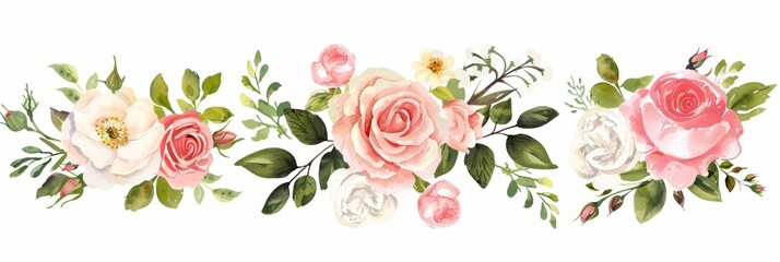 Watercolor Rose Wreath Frame with Pink and White Bouquet Generative AI