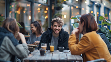 Young Man In A Cafe With Friends, Smiling And Having Fun Together - Perfect For Lifestyle, Friendship, Or Student-Themed Content