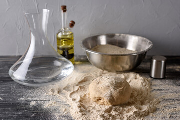Products and ingredients for making dough in the kitchen. Kneading dough for baking baked goods or...